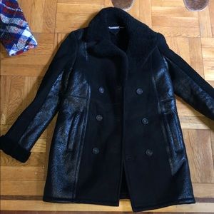 Double breasted shearling, suede and leather coat